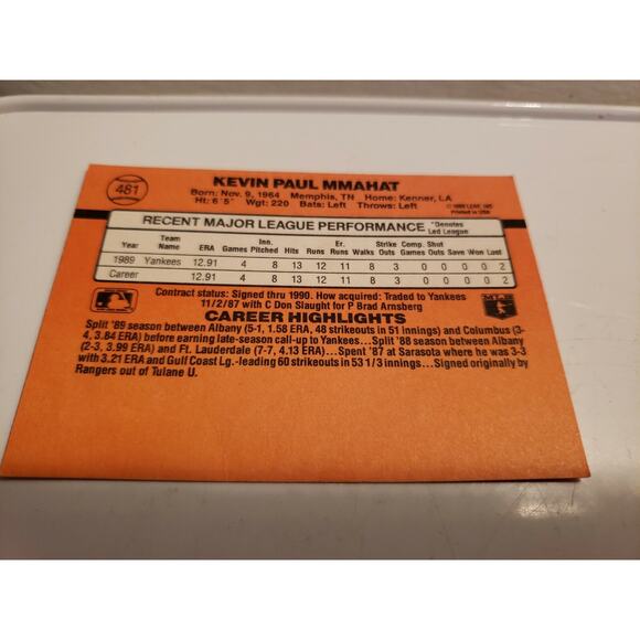 Kevin Mmahat 1990 Donruss #481 - ERROR no dot after INC - RC - Rookie Card - MLB - Picture 2 of 5